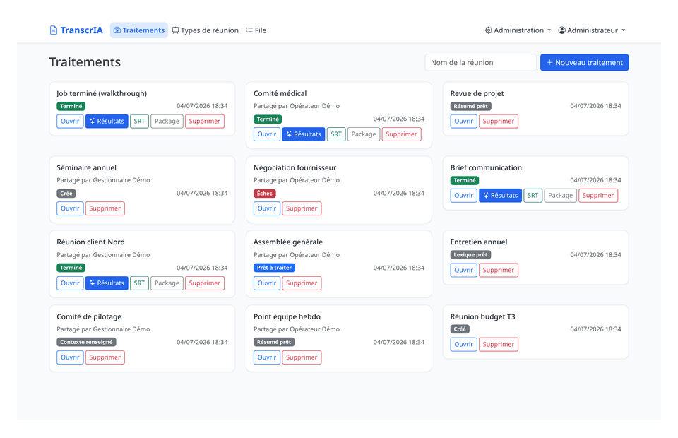 TranscrIA walkthrough: upload, review wizard, minutes